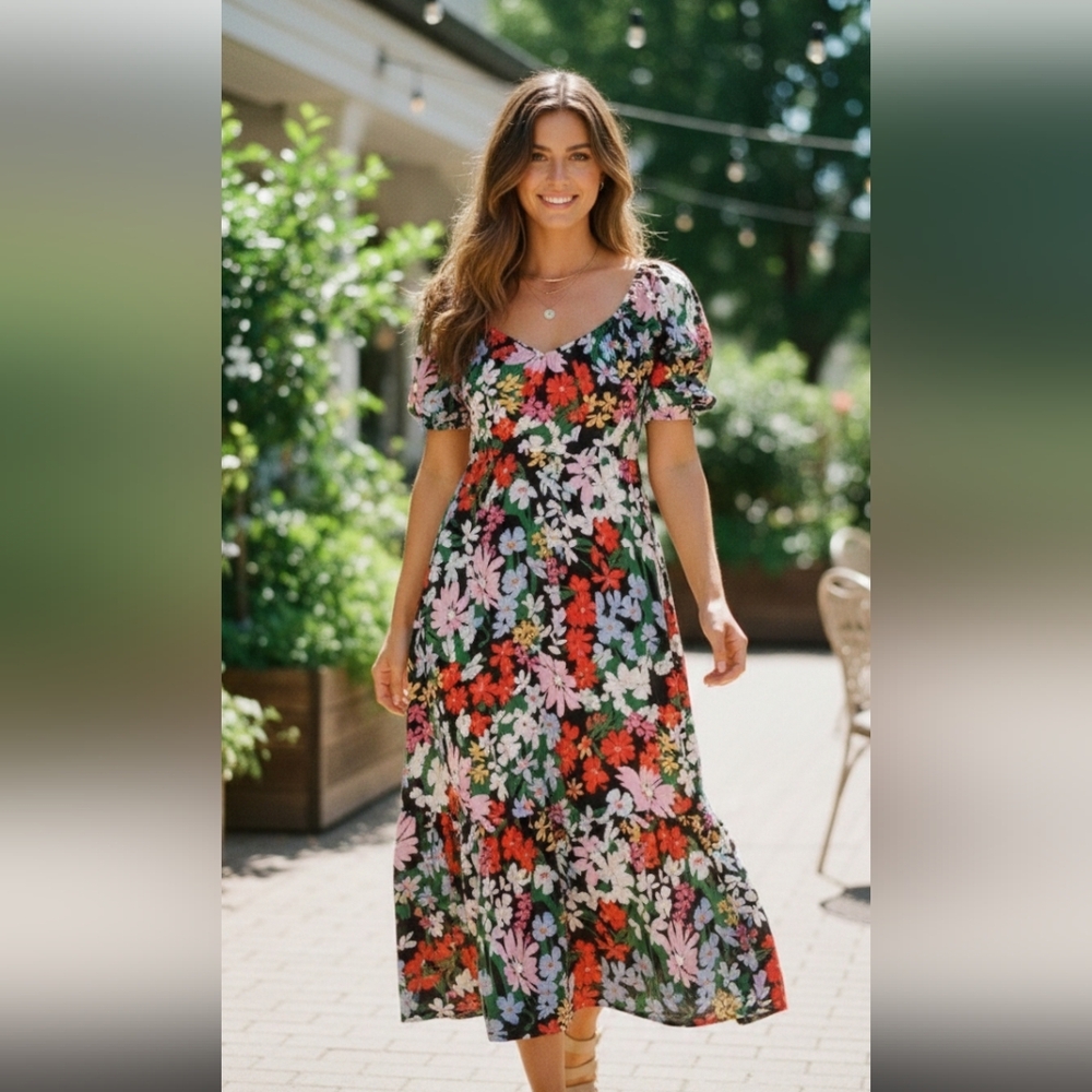 Women’s Cotton Puff Sleeve Cottagecore Floral Midi Dress Size XL